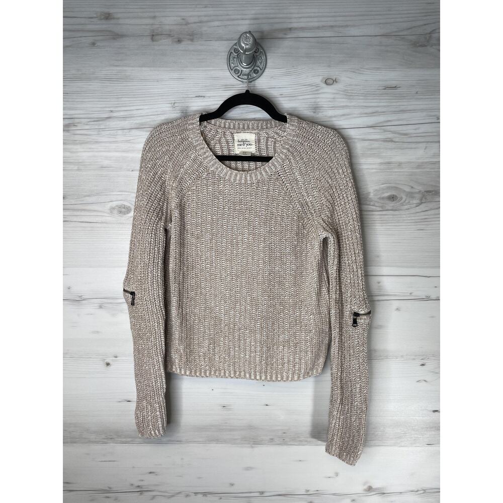 Between Me & You Sweater Womens Medium Beige Knit Zip Sleeve Pullover Crewneck‎